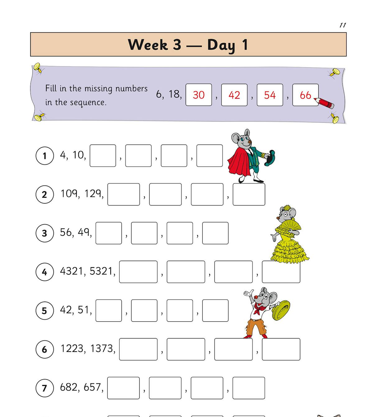 Sample daily practice page showing number sequence exercises with colourful character illustrations