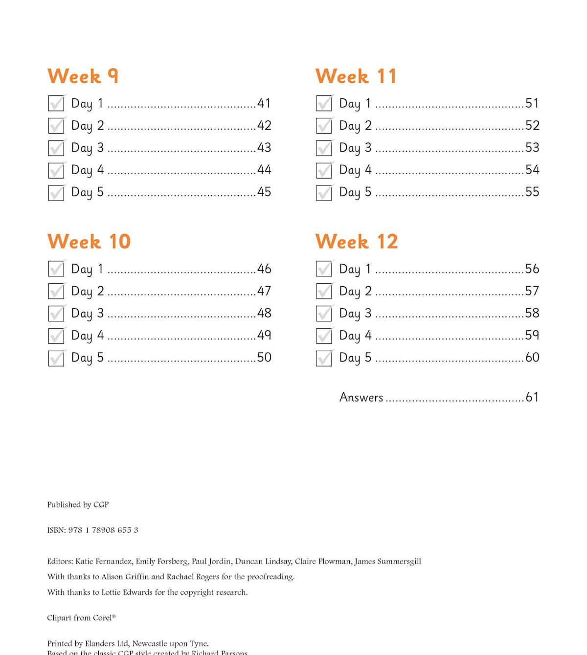 Contents page showing the structured daily schedule across twelve weeks of the autumn term