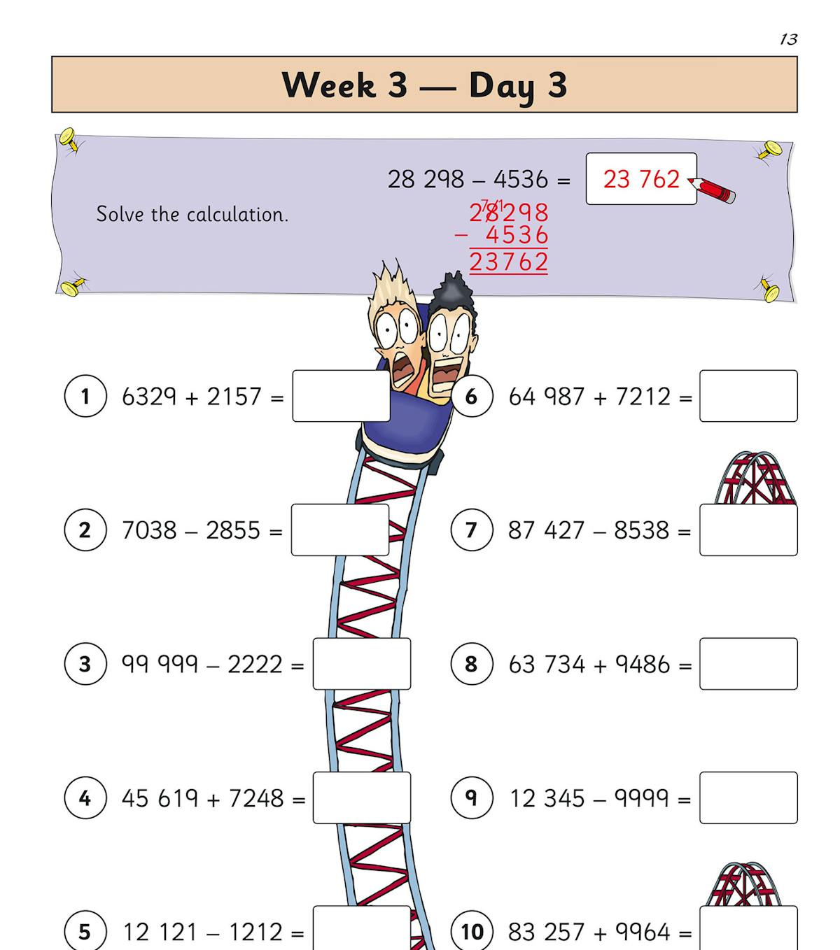 Practice page with addition and subtraction problems and colourful cartoon characters