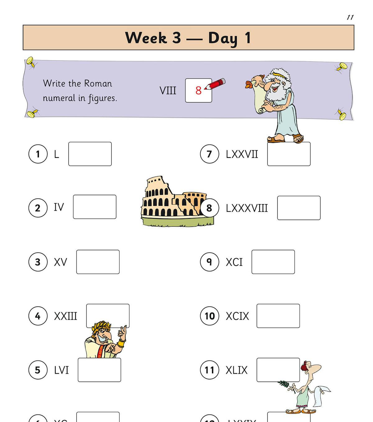Sample page showing Roman numeral conversion exercises with colourful illustrations