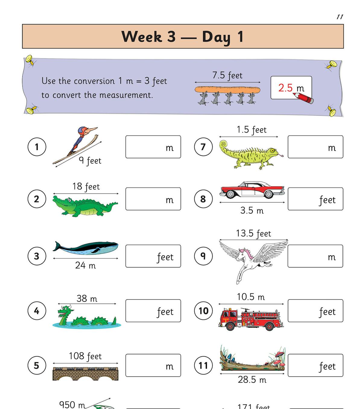 Sample practice page showing conversion questions with illustrations and scoring box