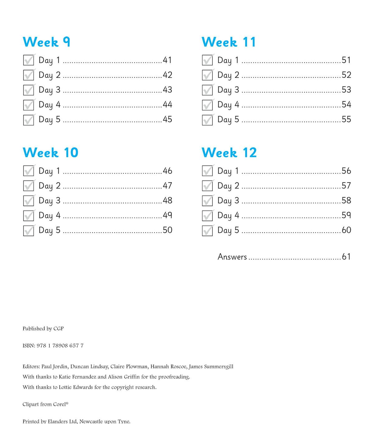 Contents page showing weekly structure and page numbers for Summer term
