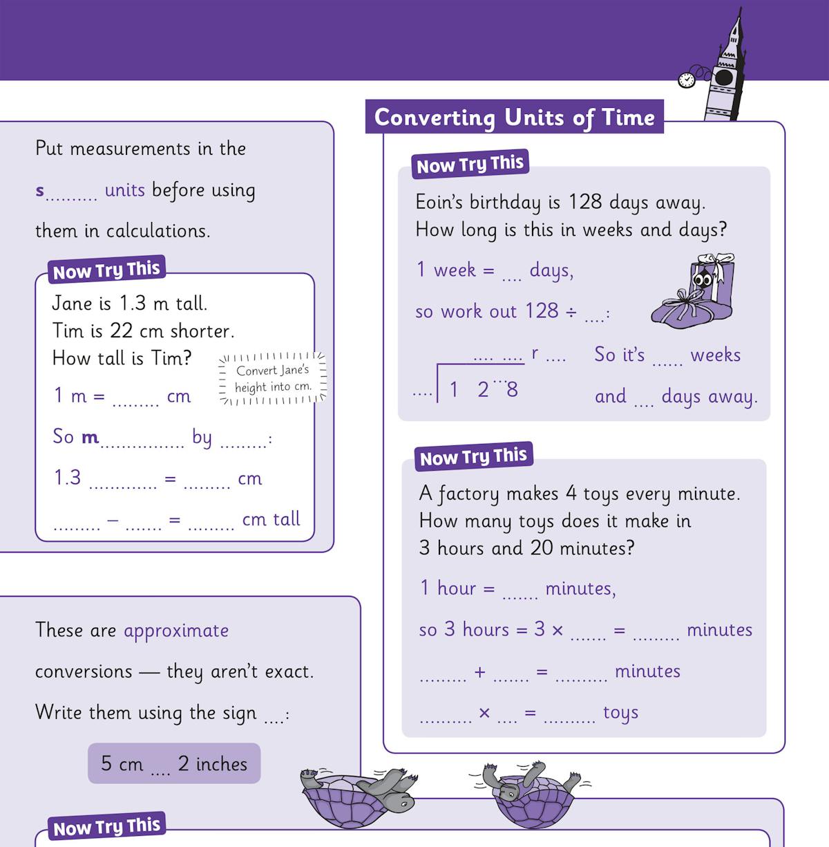 Converting units of time page with fill-in exercises on weeks, days, hours and minutes
