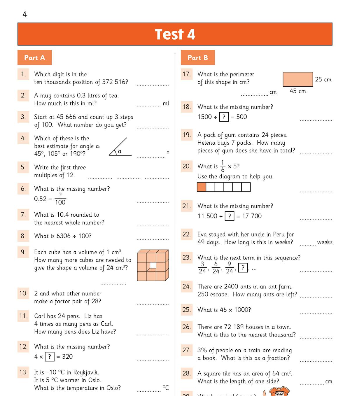 Sample page showing Test 2 with mental arithmetic questions including multiplication, rounding, and word problems