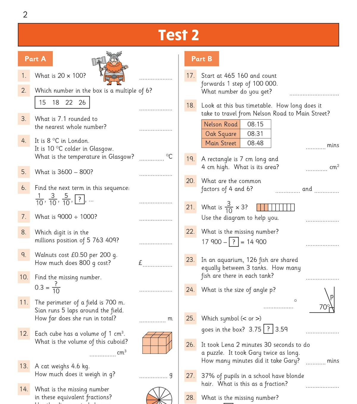 Sample page showing Test 4 with mental arithmetic questions including place value, fractions, sequences, and geometry