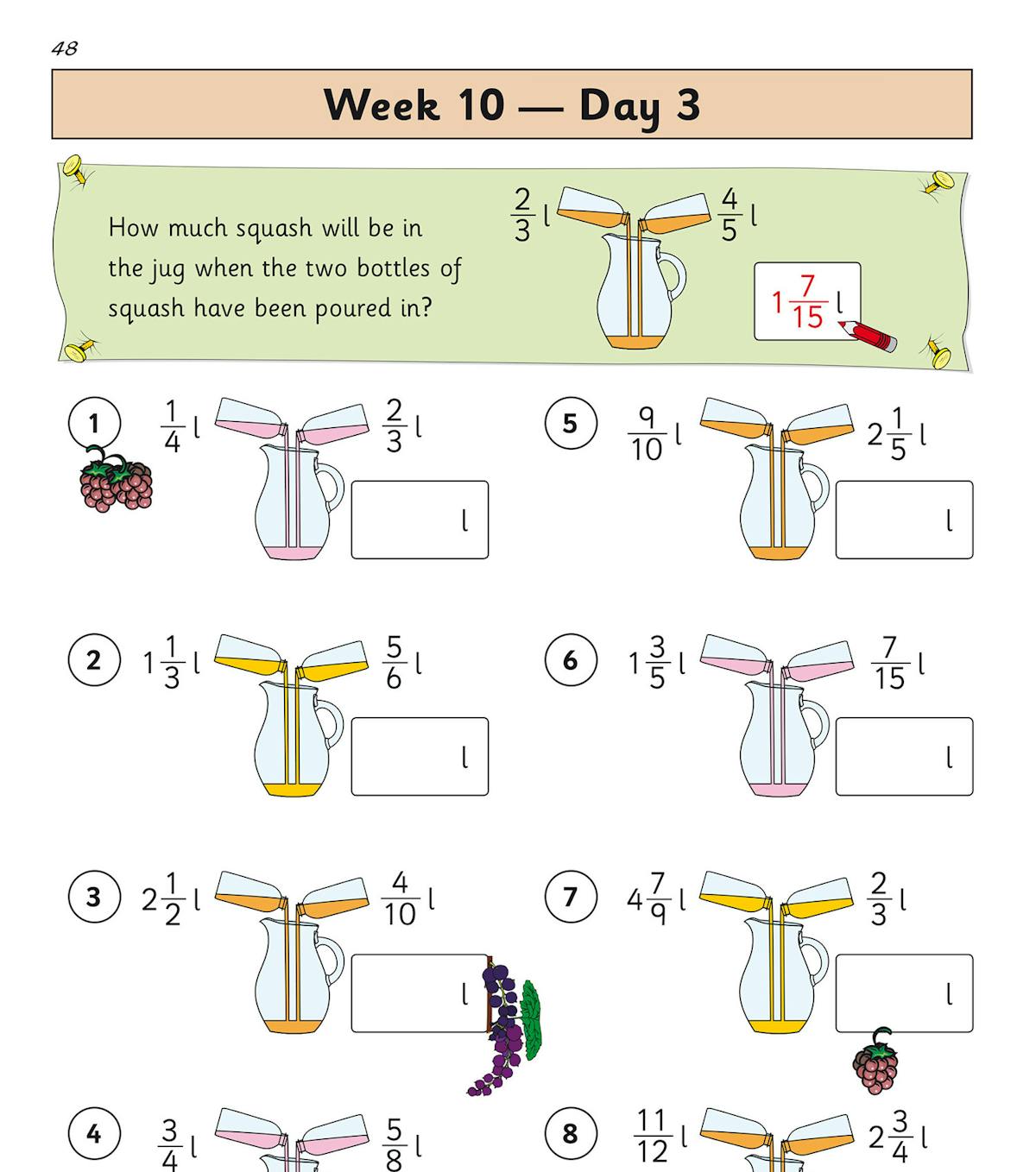 Colourful fractions practice page showing visual jug problems with answer boxes and a daily score section