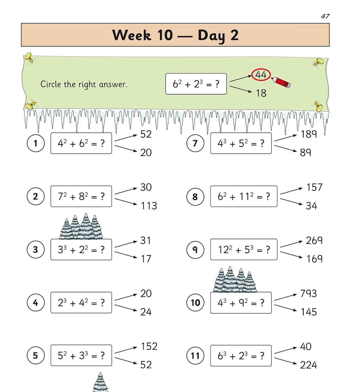 Sample page showing mental arithmetic problems with multiple choice answers and a daily score tracker