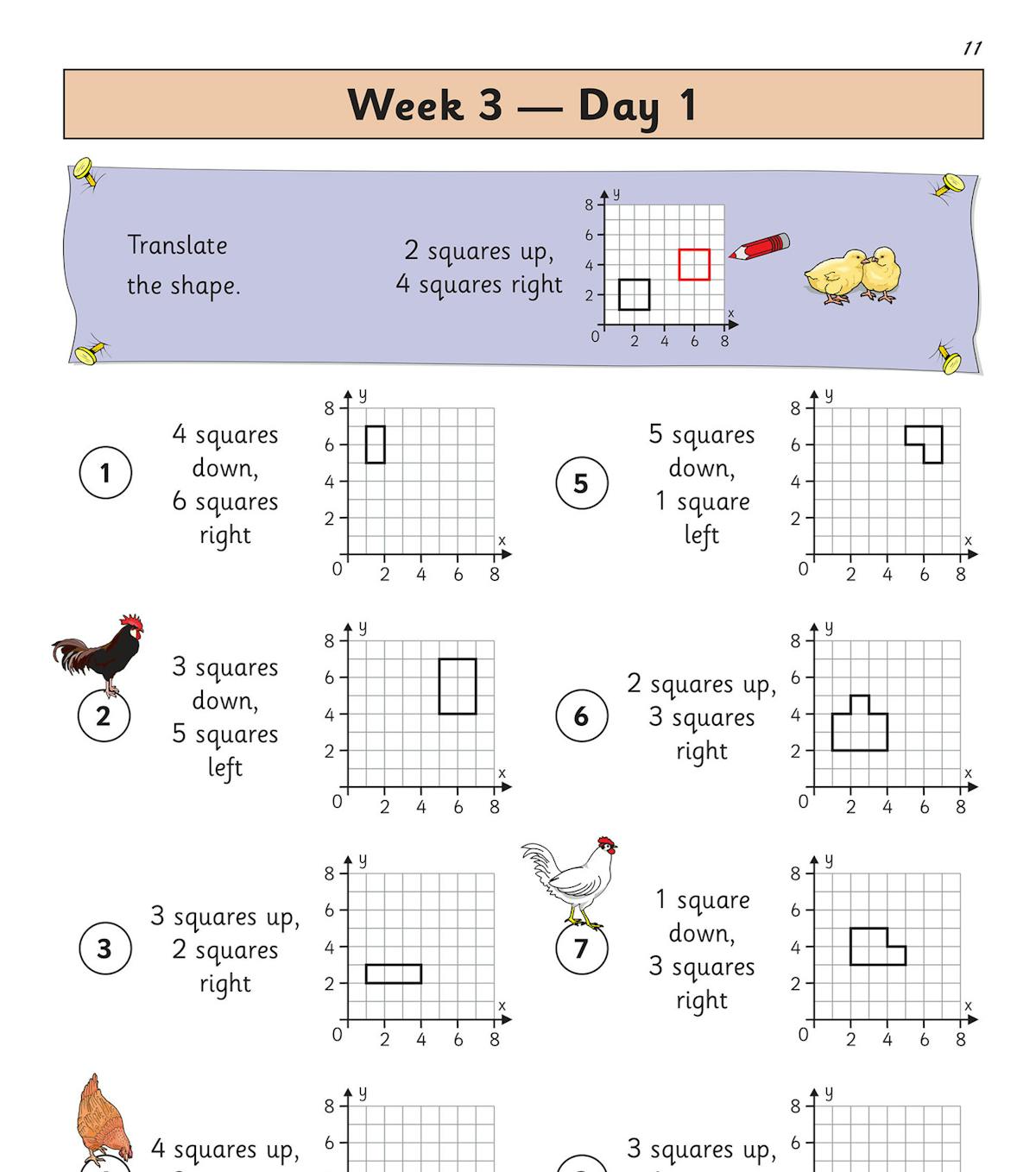 Geometry page showing coordinate translation exercises with illustrated instructions
