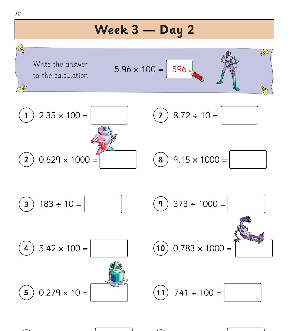 Daily maths practice page showing decimal multiplication and division exercises with score tracking
