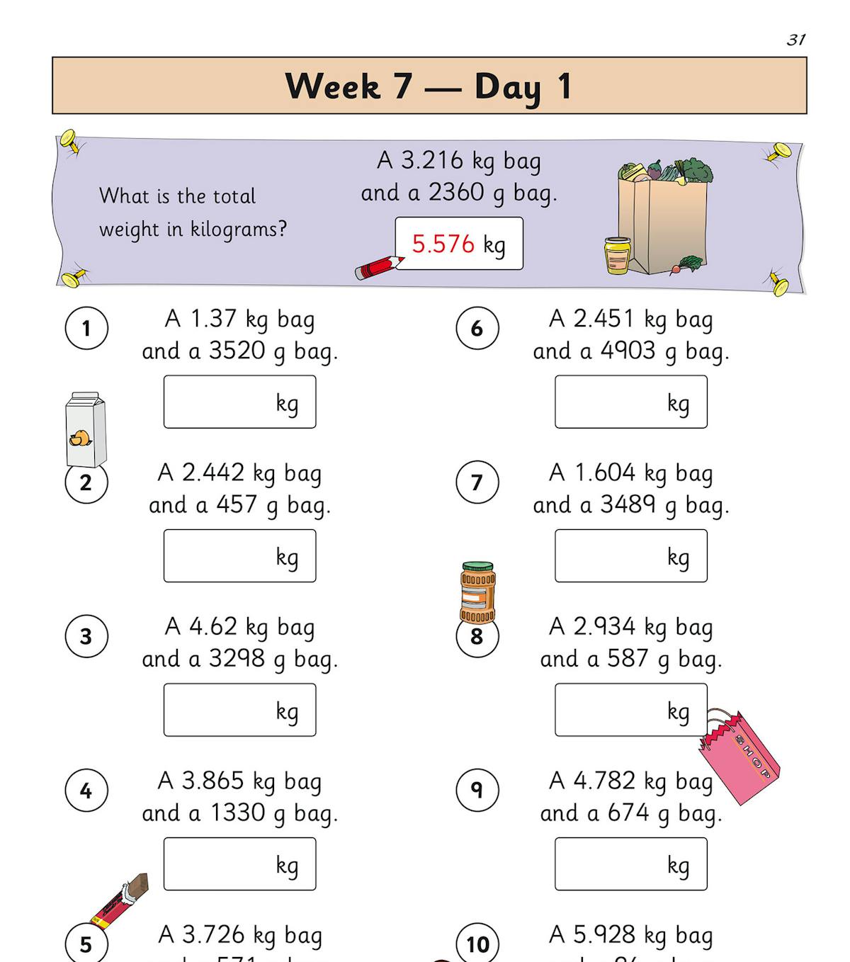 Sample page showing Week 7 Day 1 decimal and mass conversion practice questions