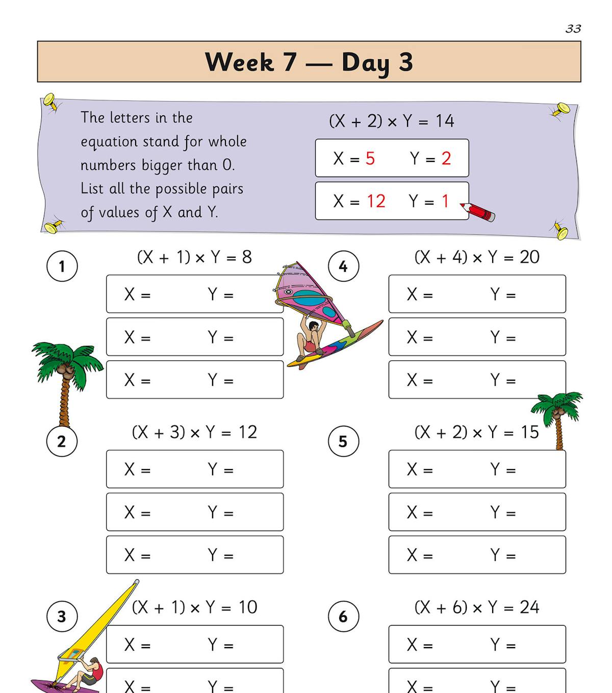 Sample page showing Week 7 Day 3 algebraic problem-solving questions