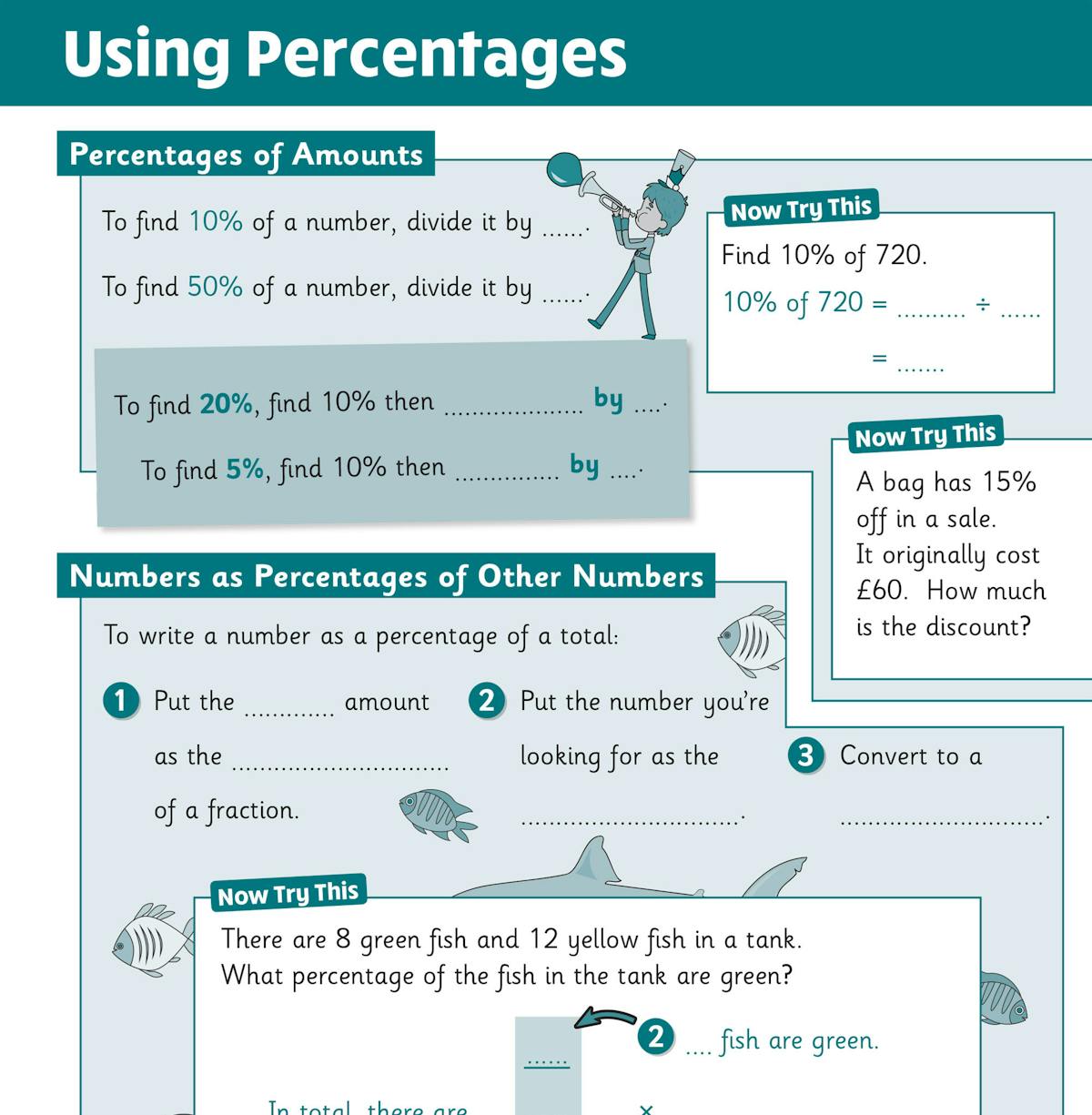 Fill-in-the-blank exercises covering percentages, ratios and scaling