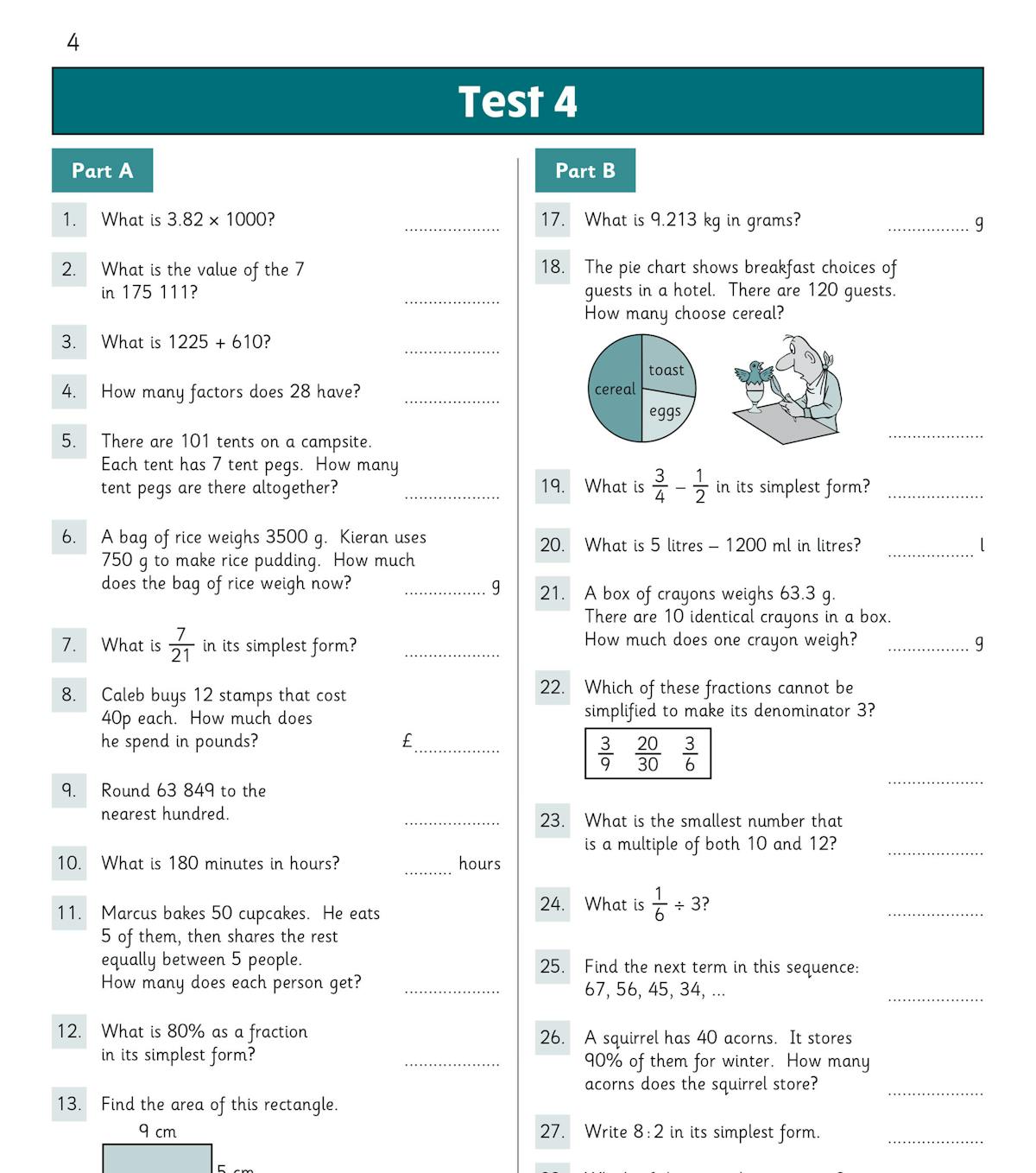 Sample page showing warm-up questions and mental arithmetic test layout