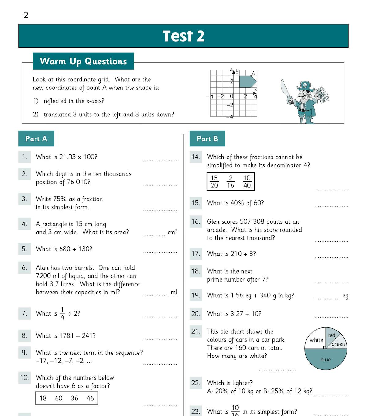 Sample mental arithmetic test with a range of question types including fractions, percentages and problem-solving