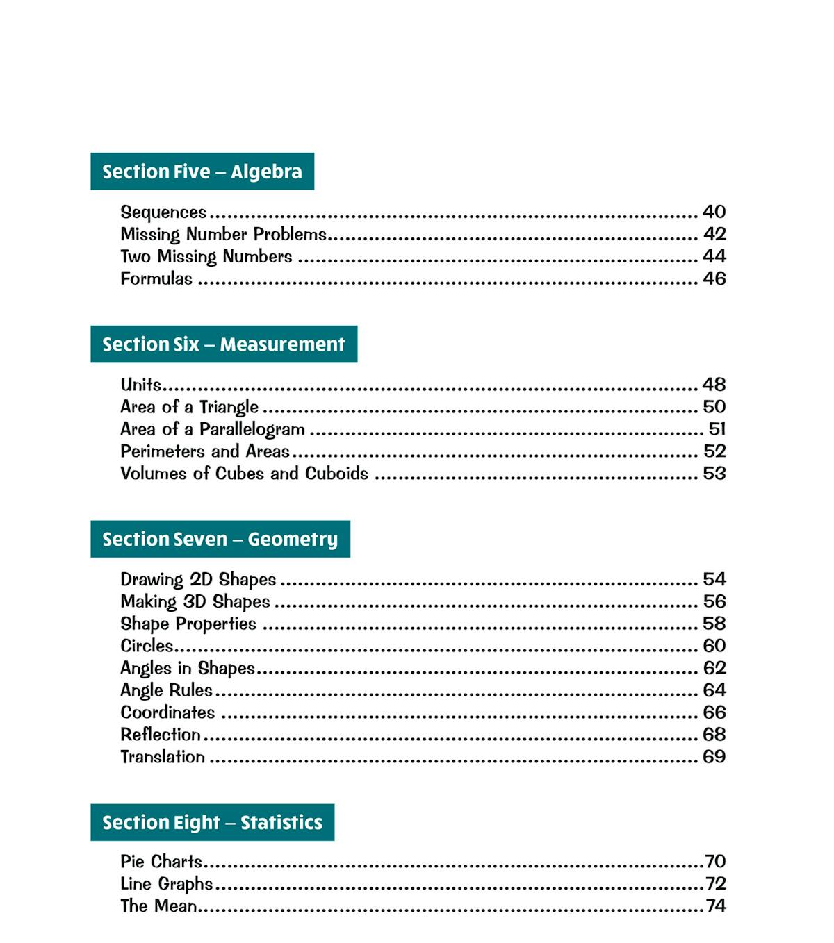 Contents page displaying sections on algebra, measurement, geometry, and statistics