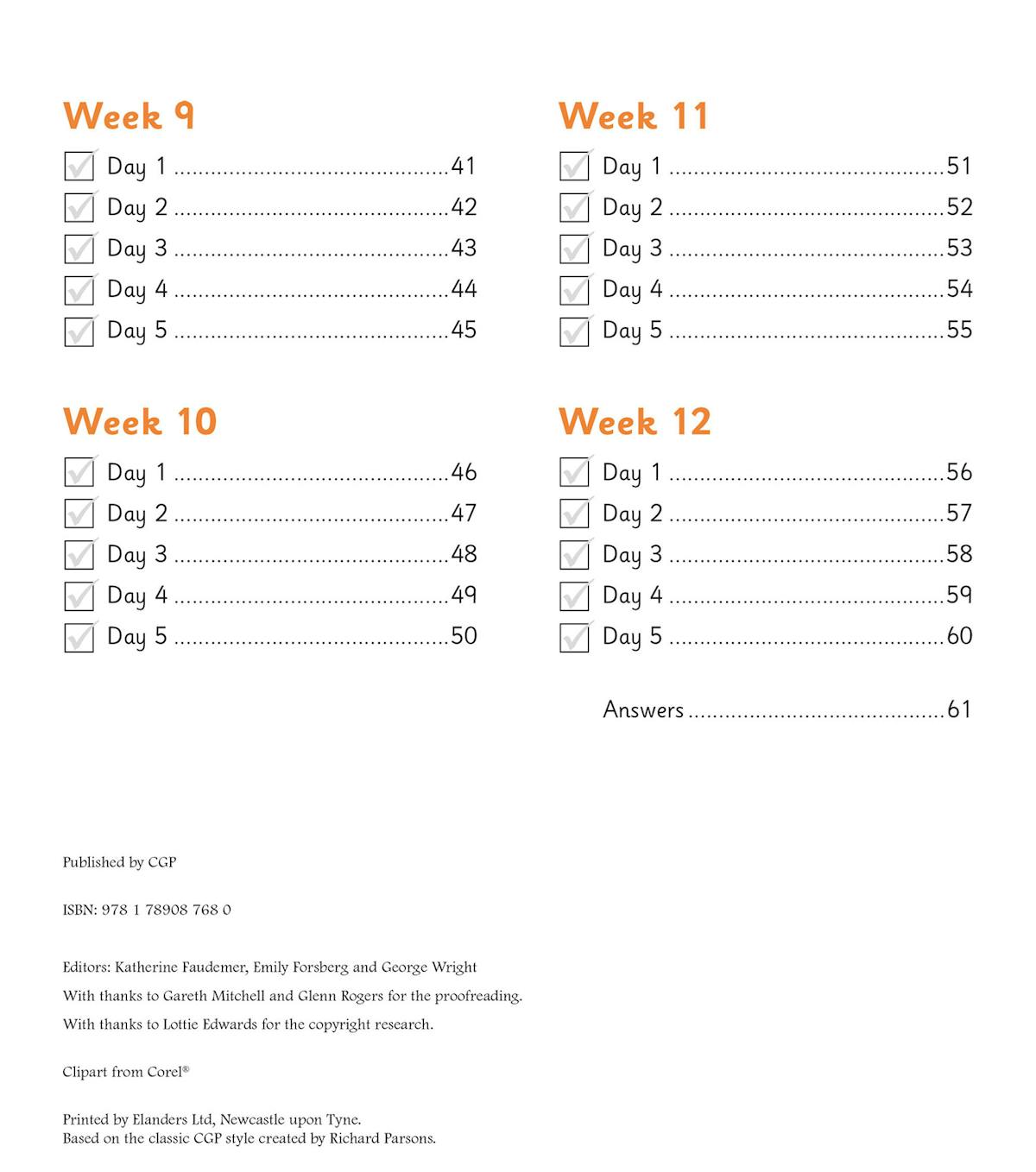 Contents page showing weekly structure with checkboxes for each daily practice session