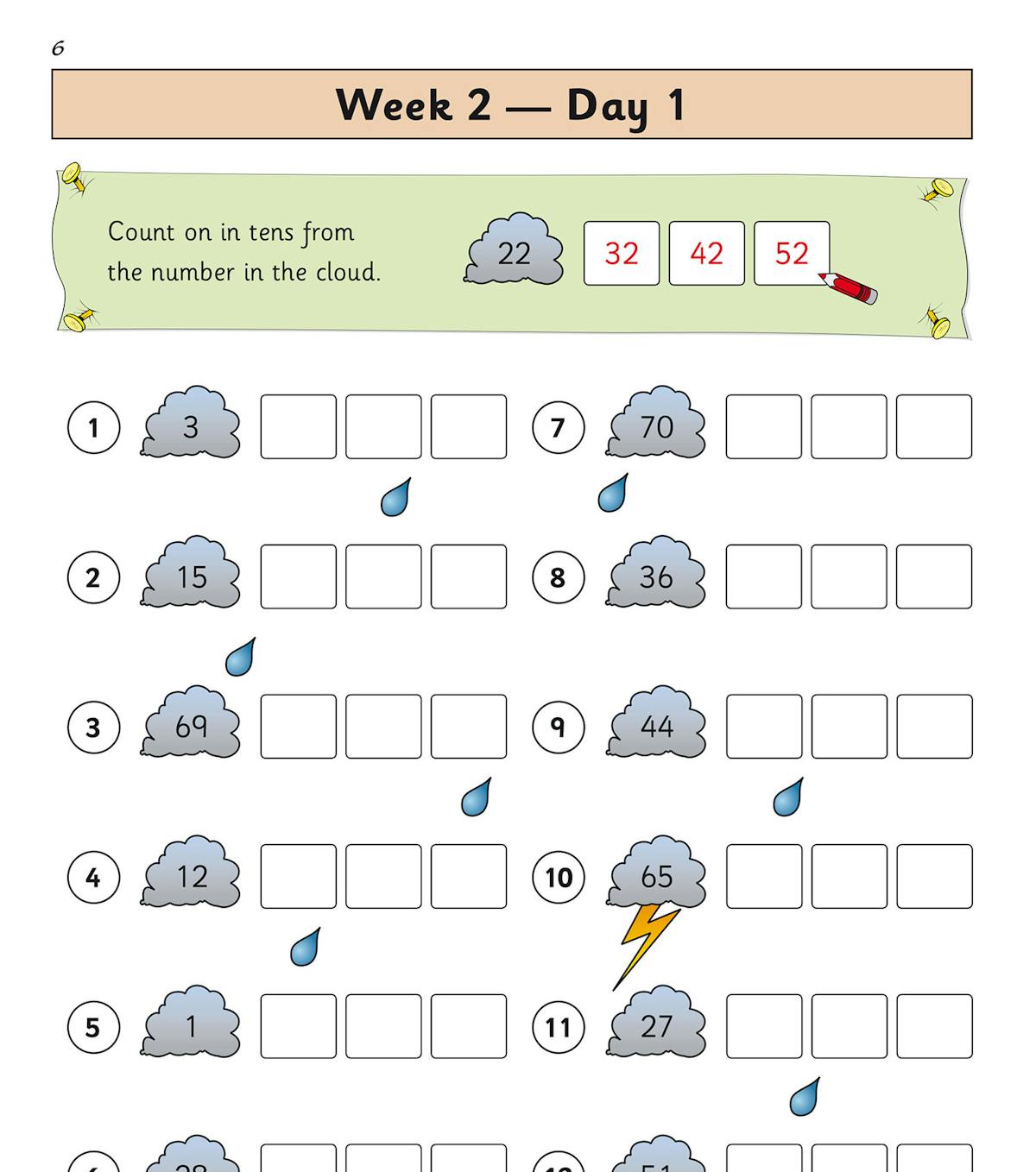Sample daily practice page with colourful cloud illustrations and fill-in-the-blank maths questions
