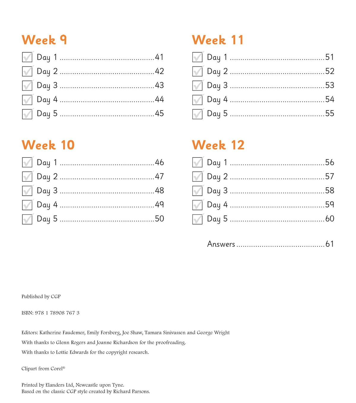 Contents page showing weekly structure from Week 9 to Week 12 with daily checkboxes