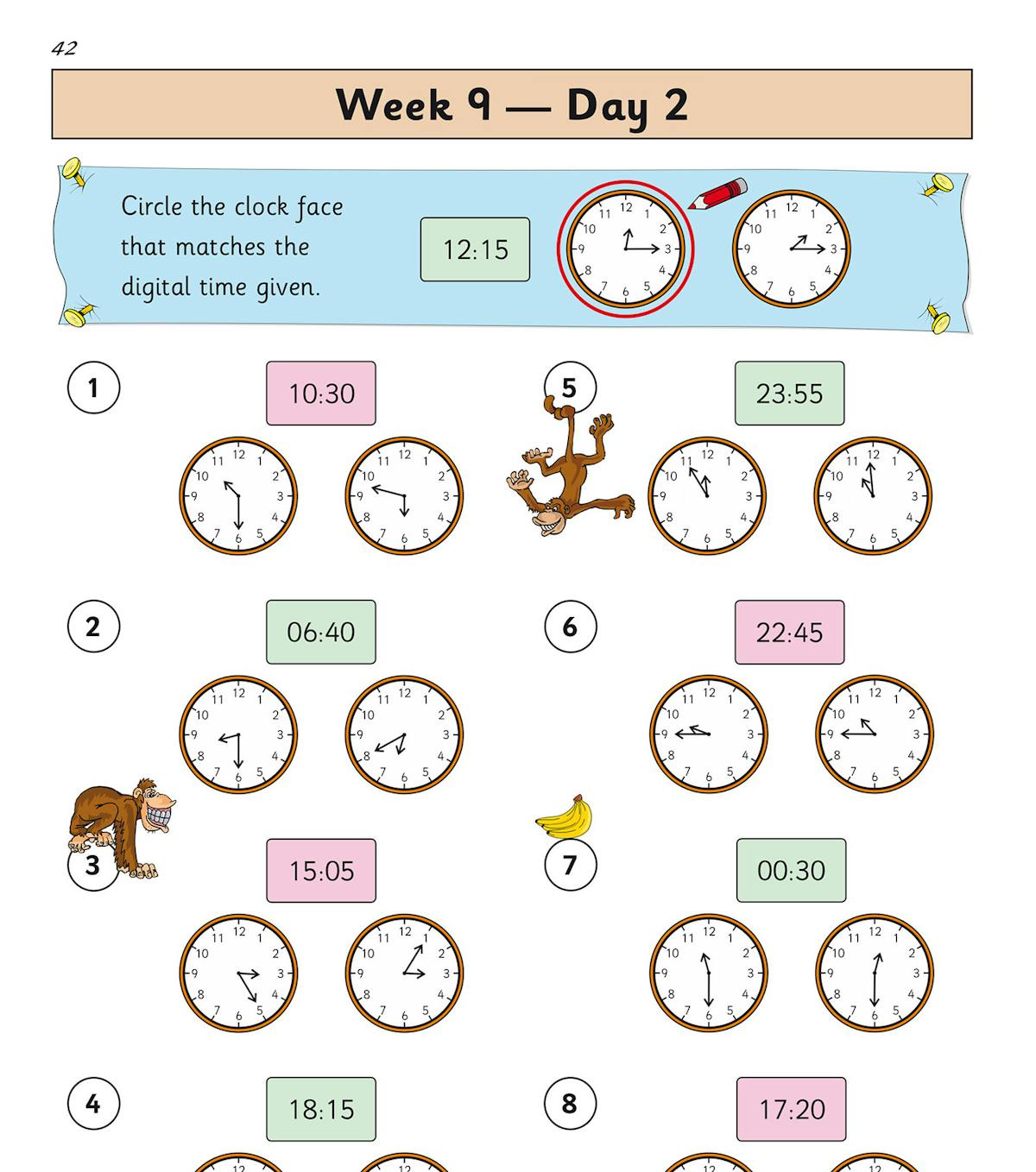 Sample page showing Week 9 Day 2 clock-matching exercises with colourful characters