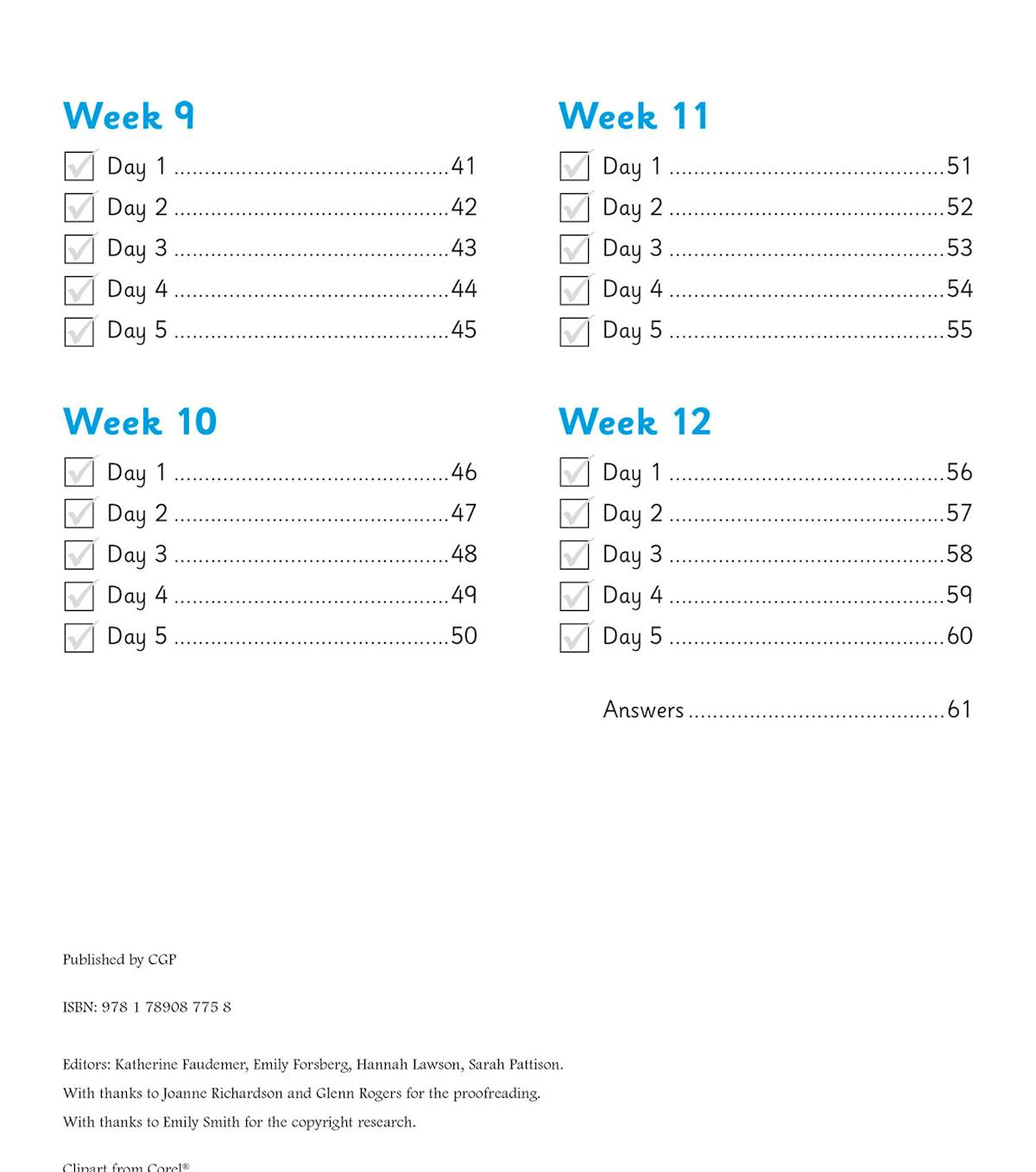 Contents page showing the summer term's weekly structure with tick-box checklists for each day
