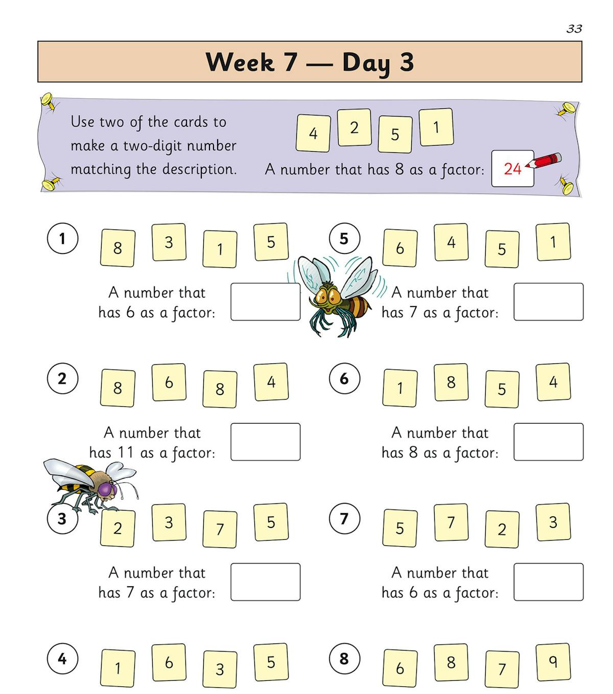 Sample page from the Year 4 summer term mental maths workbook showing colourful activities with number cards and factors