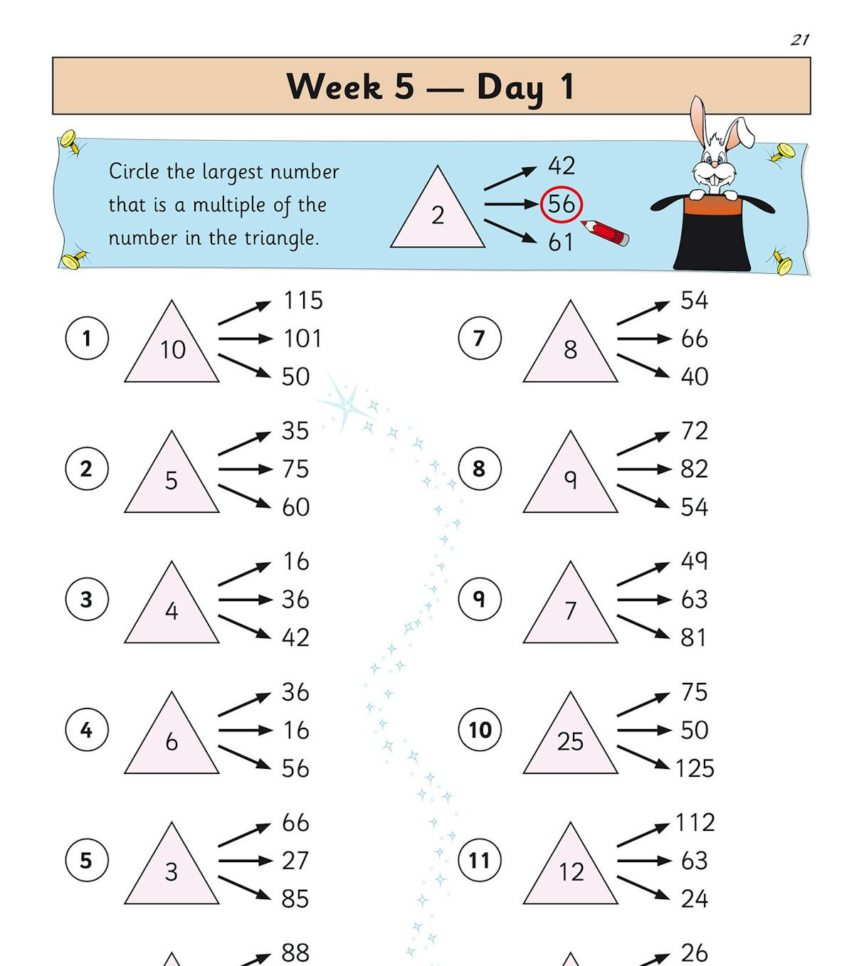 Sample page showing Week 5 Day 1 mental maths questions with triangles and multiples