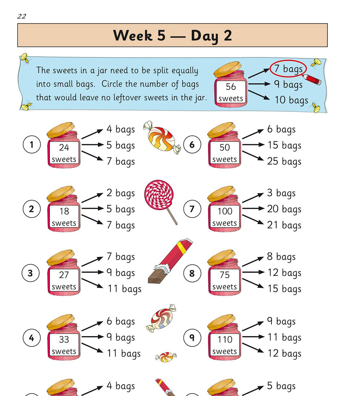 Sample page showing Week 5 Day 2 mental maths questions about dividing sweets into bags