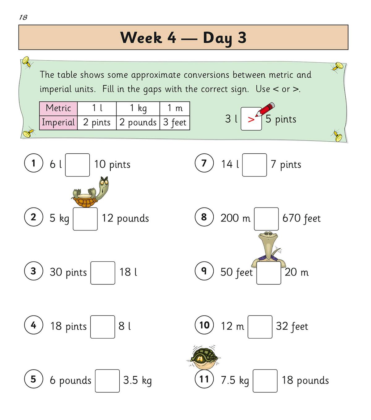 Sample page with metric and imperial unit conversion questions and score tracker
