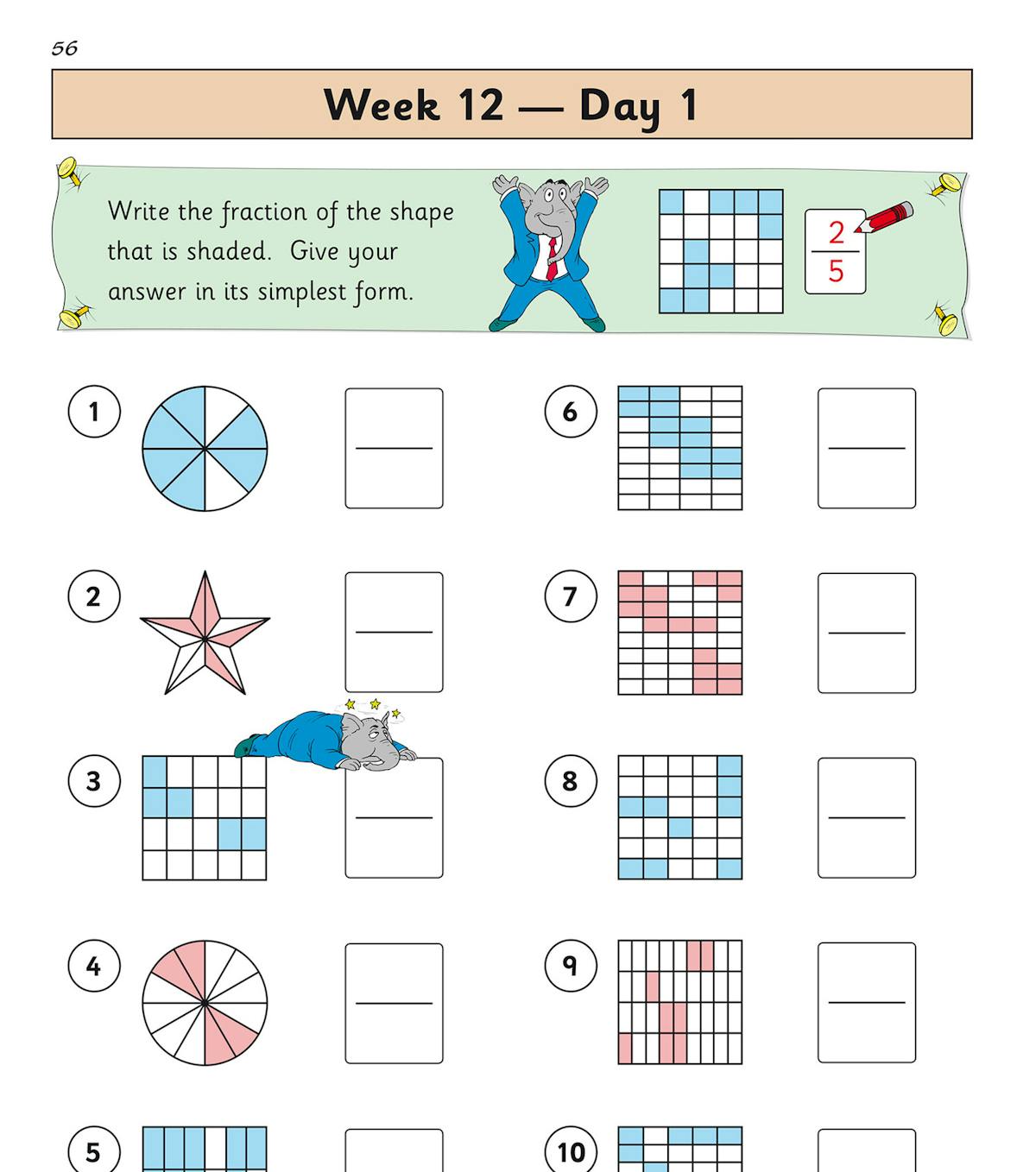 Sample page showing Week 12 Day 1 fraction questions with visual grids and shapes
