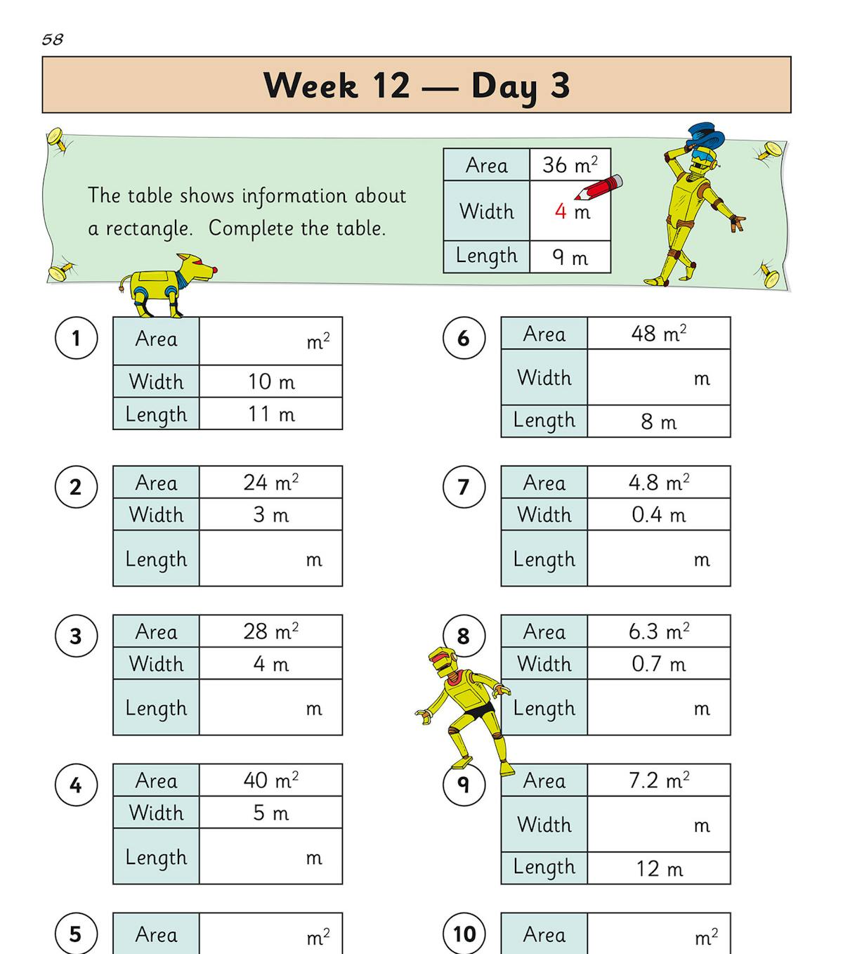 Sample page showing Week 12 Day 3 area calculation tables with rectangles