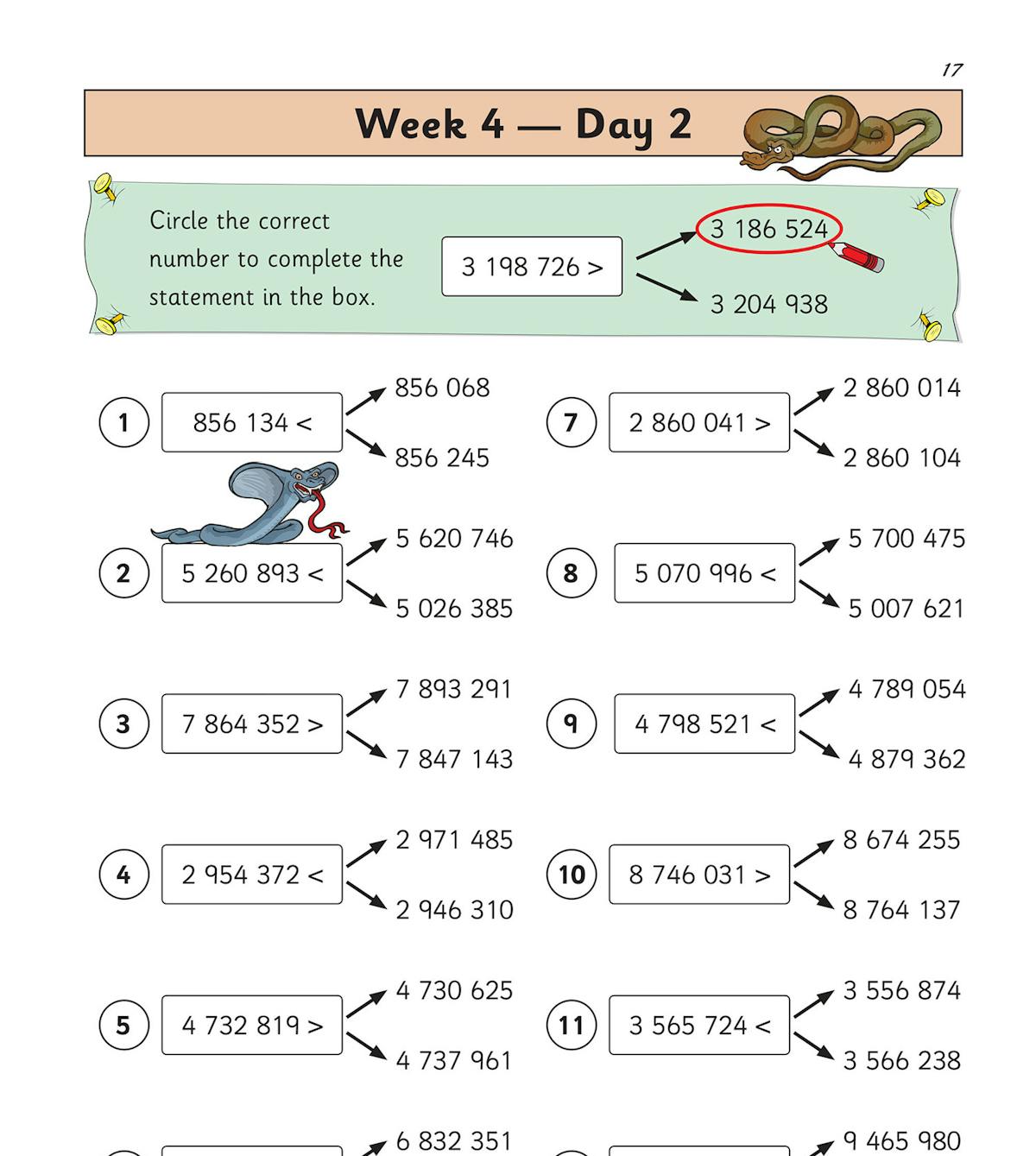 Sample page from Week 4 Day 2 showing mental maths questions with friendly characters