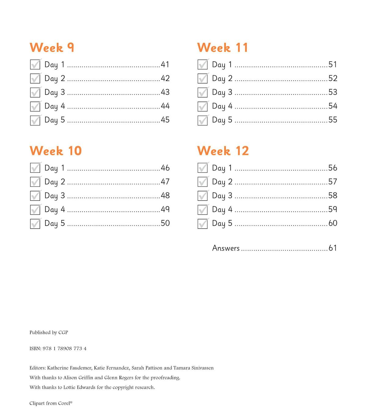 Contents page showing the term's weekly structure and answer section