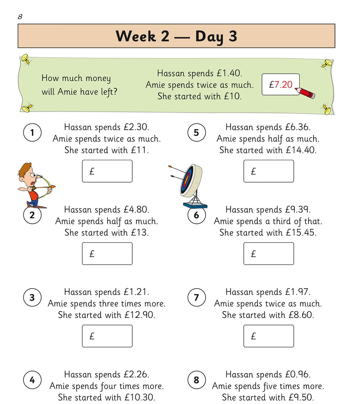 Sample daily practice page with illustrated mental maths word problems and a scoring box