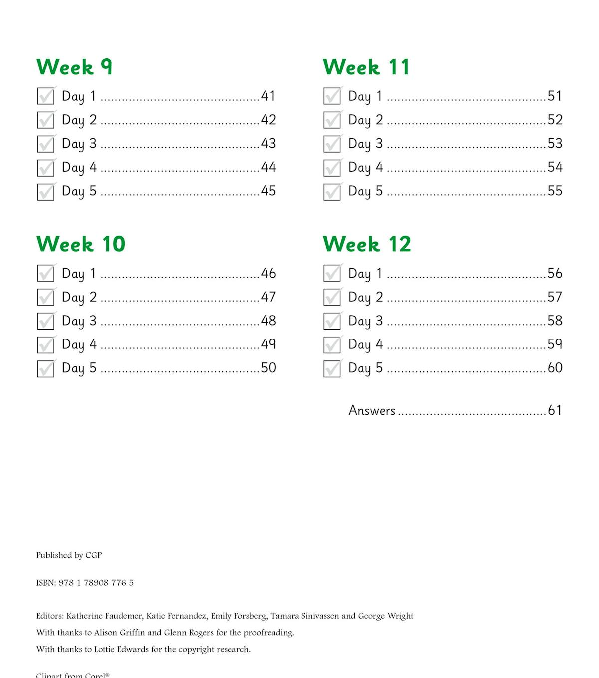 Contents page showing weekly structure and daily practice pages for the Spring Term