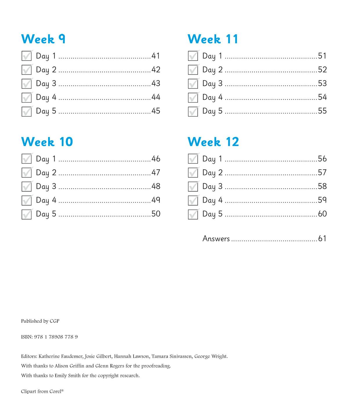 Contents page showing weekly structure and day-by-day breakdown