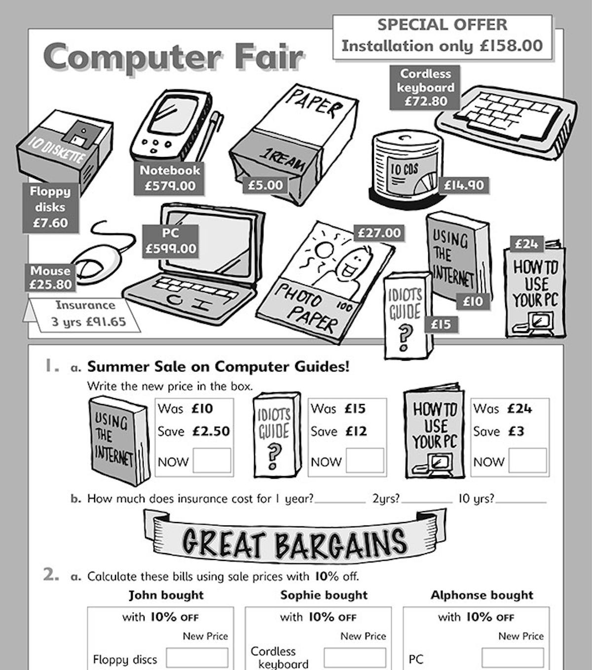 Sample page showing a Computer Fair pricing exercise with calculations for discounts and totals