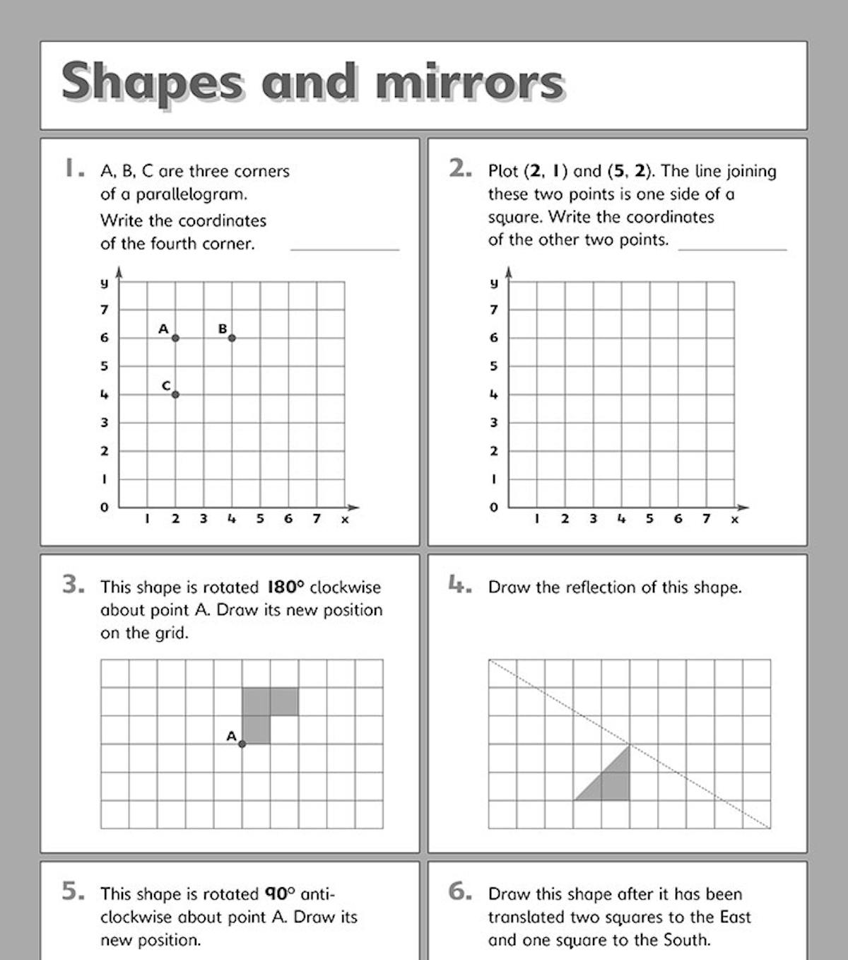 Sample page on shapes and mirrors showing coordinate grids and transformation tasks