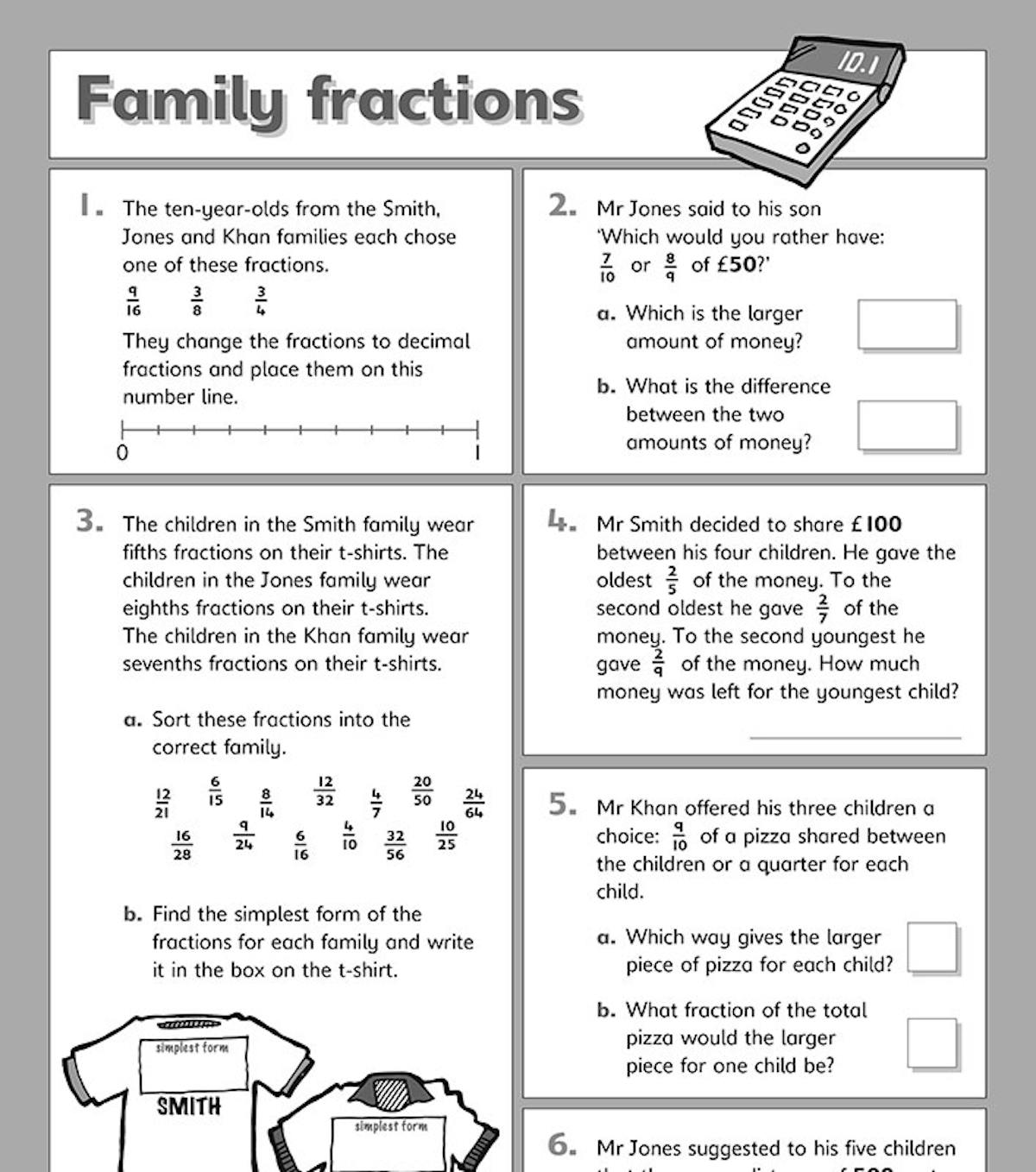 Sample page showing family fractions problems with calculator icon and illustrated t-shirts