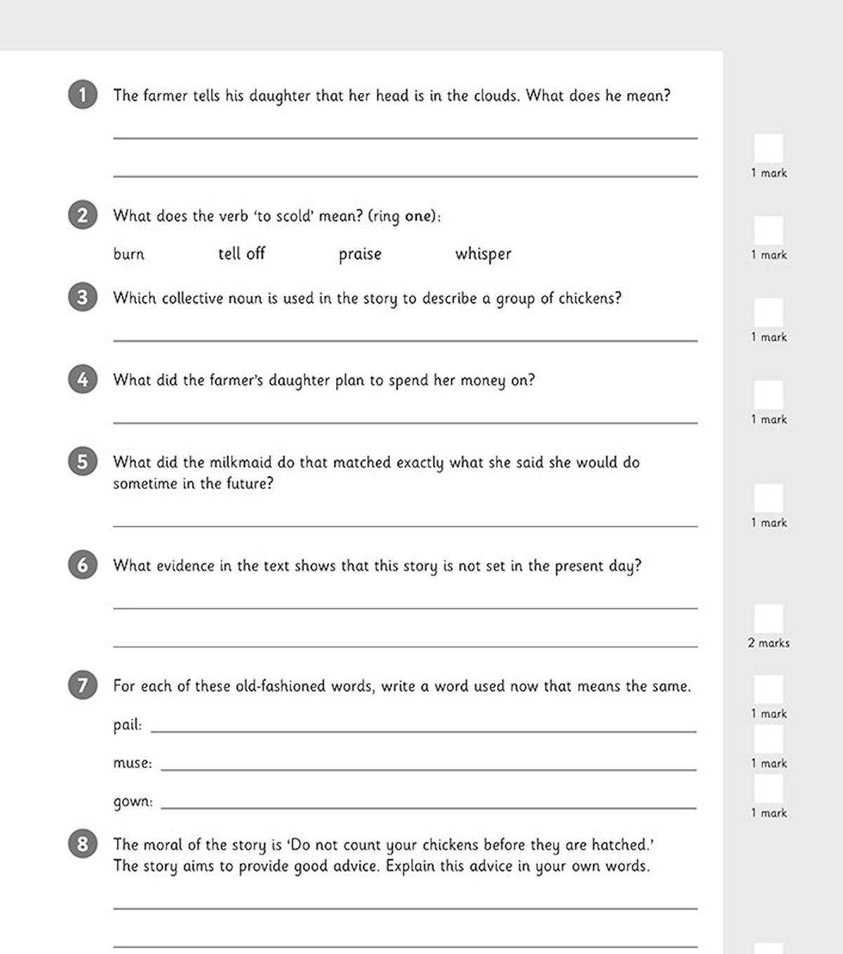 Sample comprehension questions from KS2 Reading Comprehension Book 1 showing question types including inference, vocabulary and textual evidence