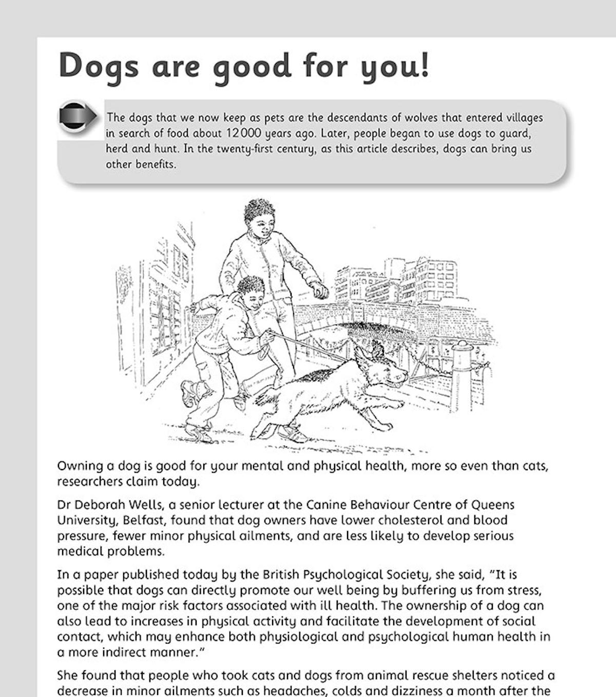 Article titled 'Dogs are good for you!' from KS2 Reading Comprehension Book 2, showing an illustrated non-fiction text about health benefits of dog ownership