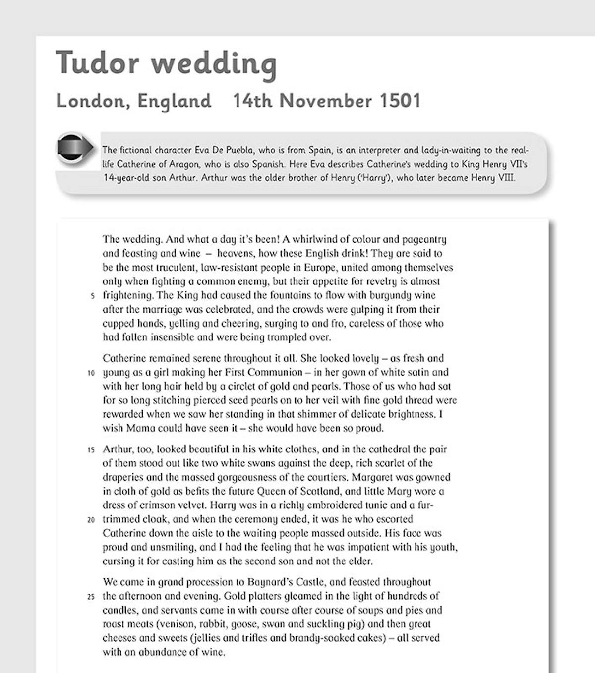 Sample page showing a Tudor wedding text extract with comprehension questions