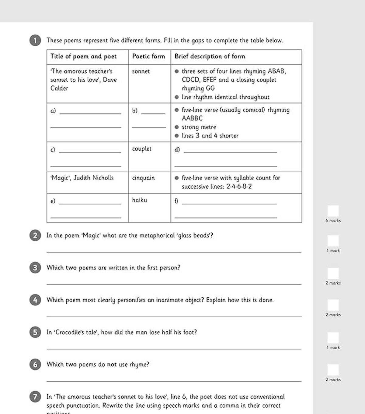 Sample page showing poetry analysis questions covering different poetic forms