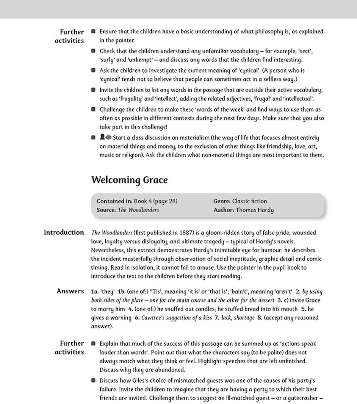 Sample teaching notes page showing text introduction, answers and further activities