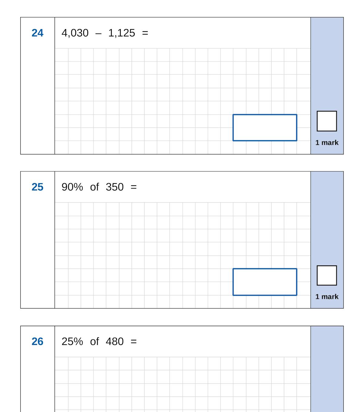 Sample arithmetic questions showing subtraction, percentages and fractions with answer boxes