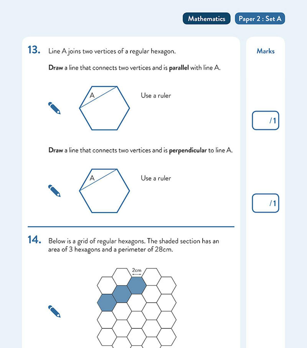 Sample pages from the KS2 Maths reasoning paper showing geometry and problem-solving questions
