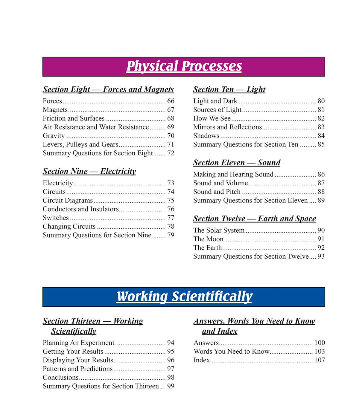 Contents page showing structured sections on Physical Processes, Working Scientifically, with detailed topic lists