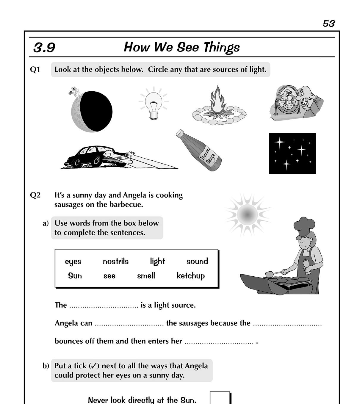 Sample page showing light sources question with illustrations