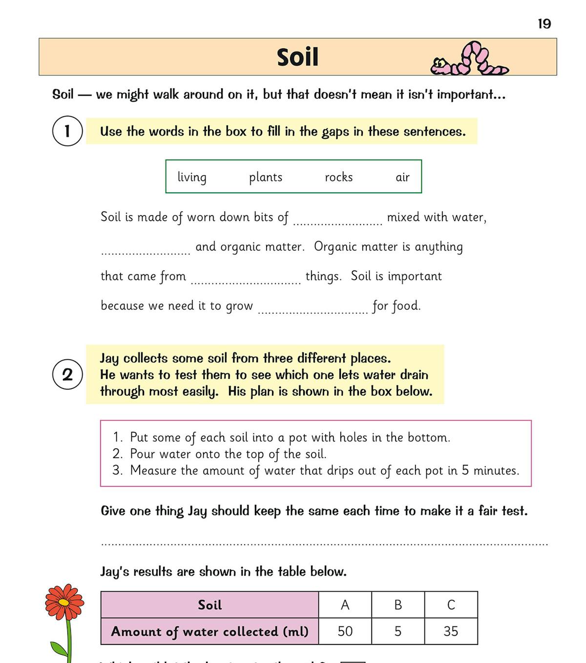 Inside page showing a fossils topic with true/false questions and sequencing activity