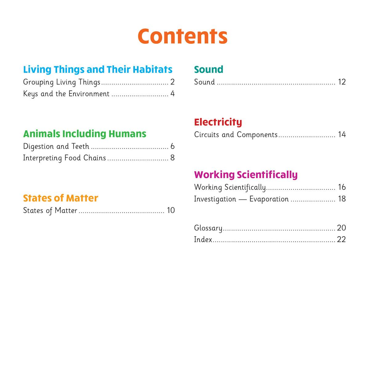 Contents page showing Year 4 Science topics