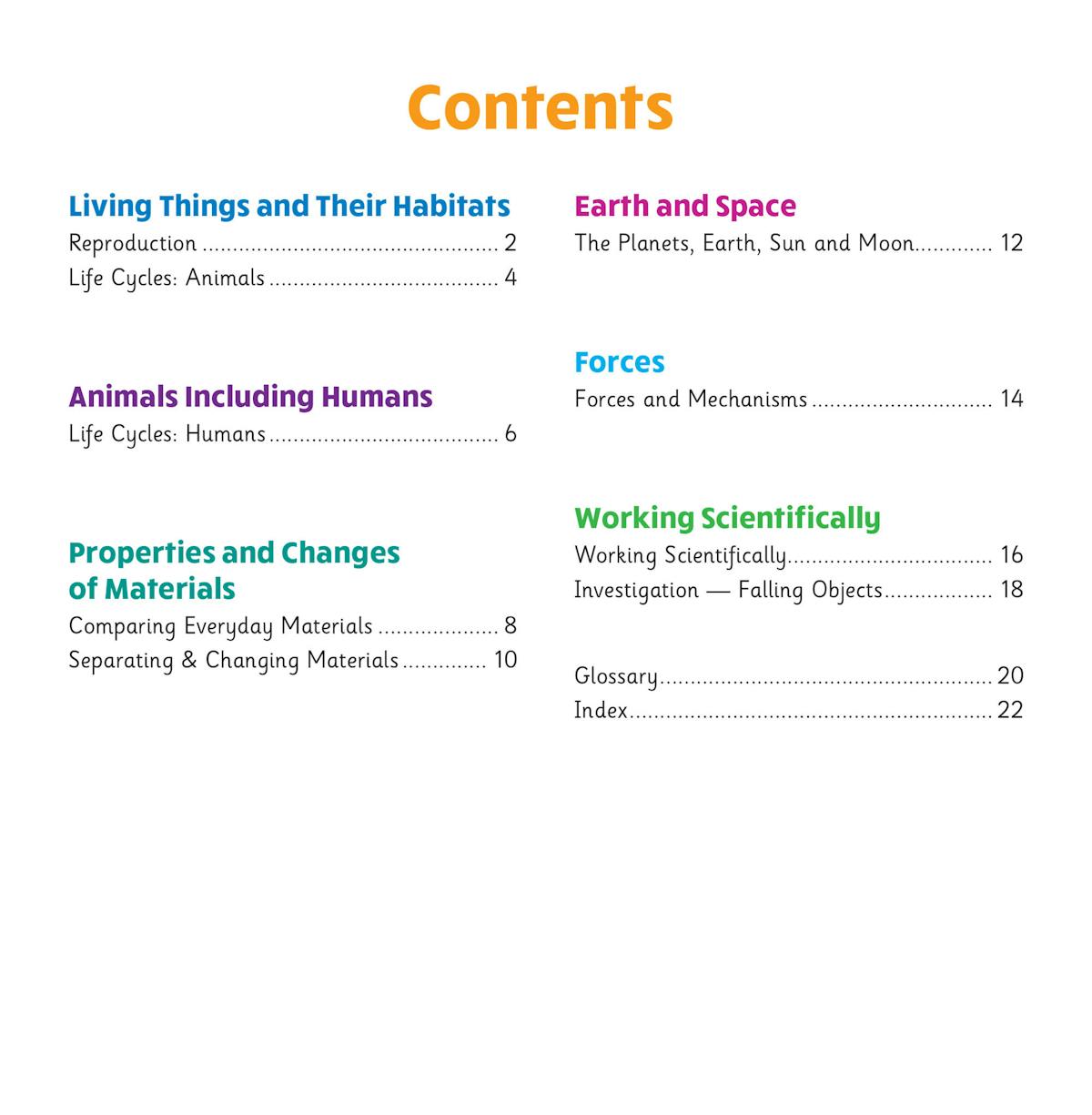 Contents page showing Year 5 Science topics